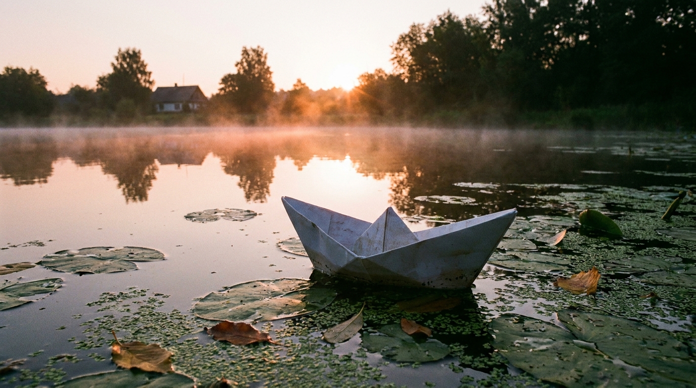 Nano Banana Pro output: A paper boat drifting across a quiet pond at sunrise.