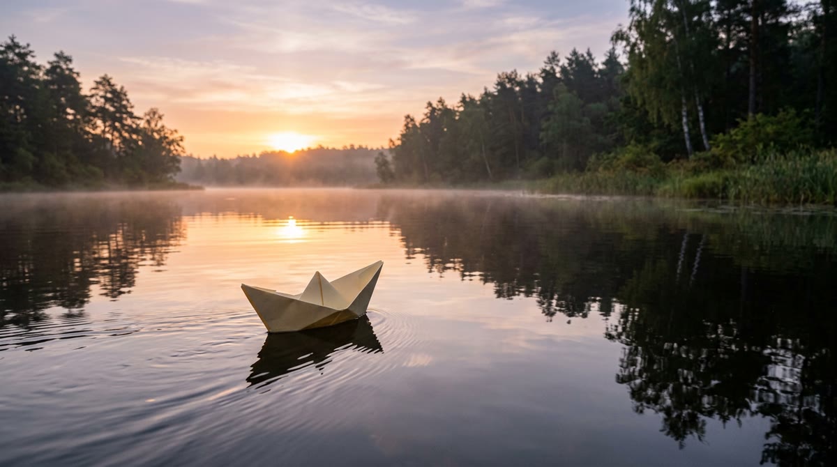 Gemini 3.1 Flash Image output: A paper boat drifting across a quiet pond at sunrise.
