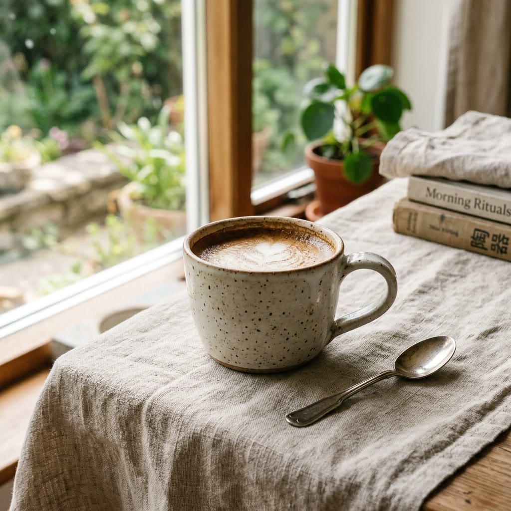 Product photo of a ceramic coffee cup on a linen tablecloth, soft morning window light. Generated by Gemini 3.1 Flash Image.