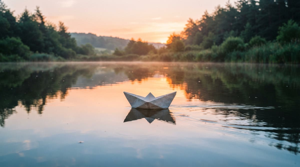 Gemini 3.1 Flash Lite Image output: A paper boat drifting across a quiet pond at sunrise.