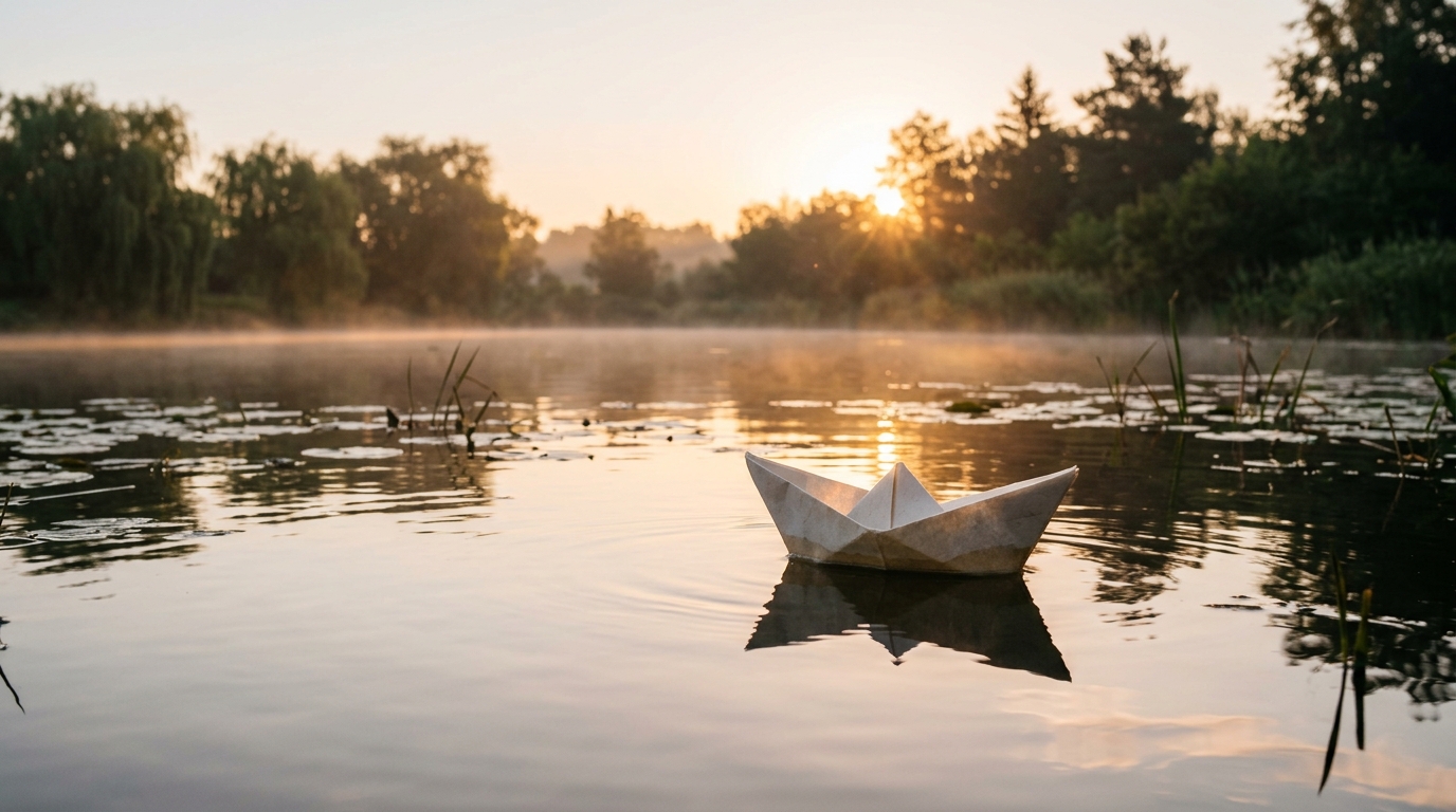 A paper boat drifting across a quiet pond at sunrise. Generated by Nano Banana 2.1.