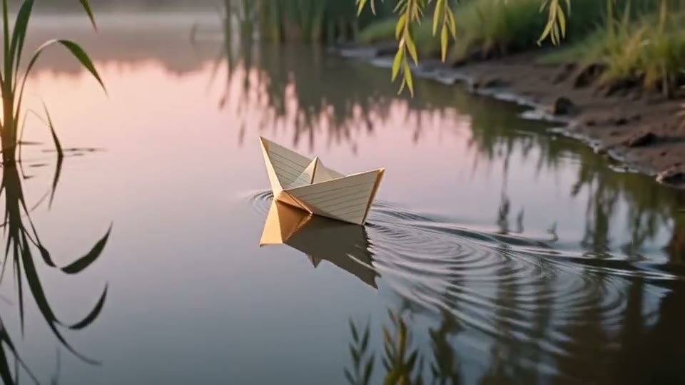 Wan 2.6 T2V output: A paper boat drifting across a quiet pond at sunrise, slow pan left.